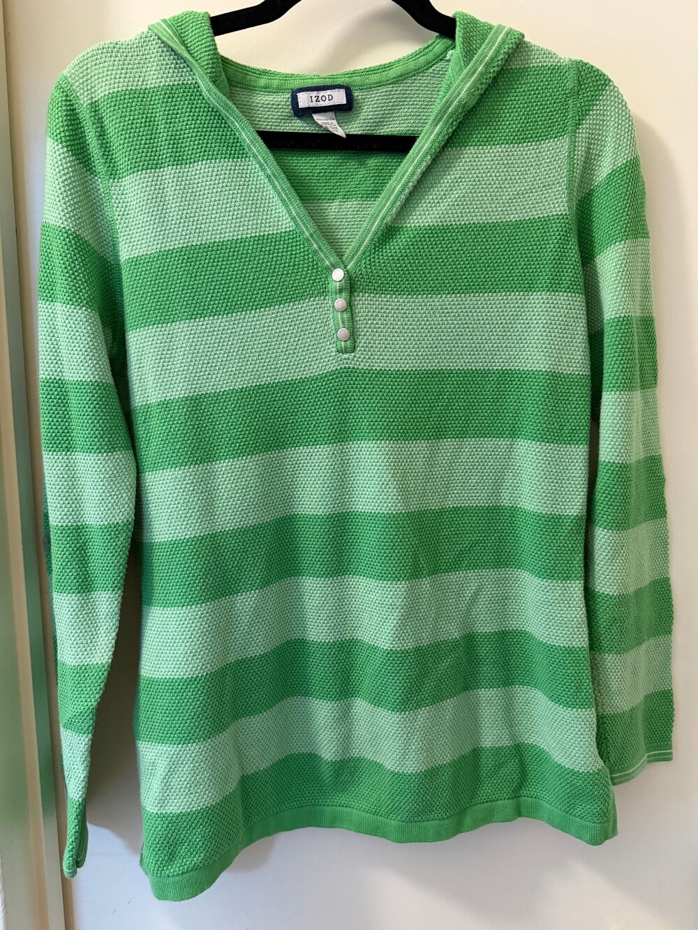 IZOD Green Striped Cotton Hoodie Sweater Long Sleeve Knit
